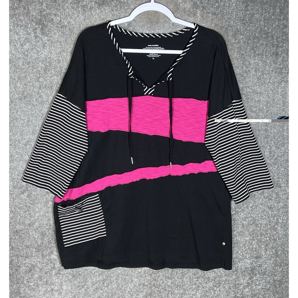 Neon Buddha Tunic Top Womens Sz XL Black Pink Pocket Lagenlook Raw Edges Stretch